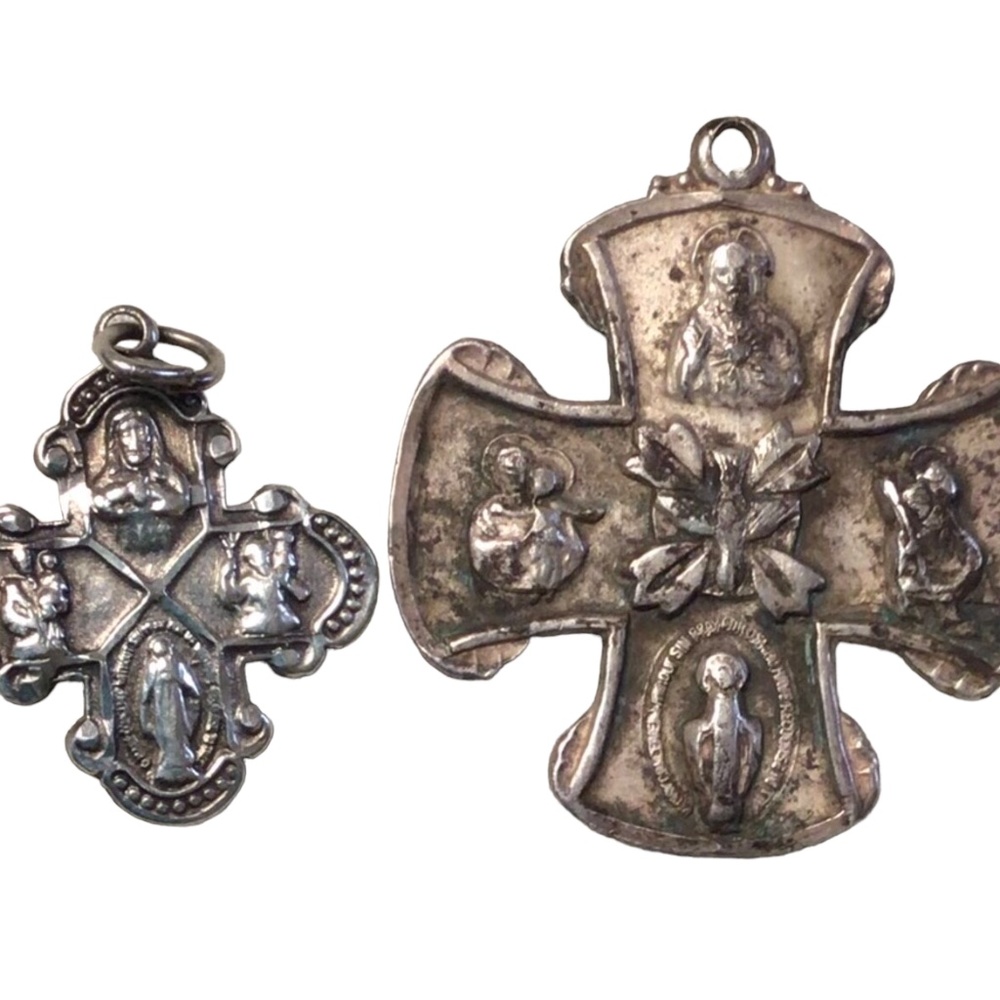 2 OLD Vintage (.925) Catholic Cross Pendants w Embossed Writings